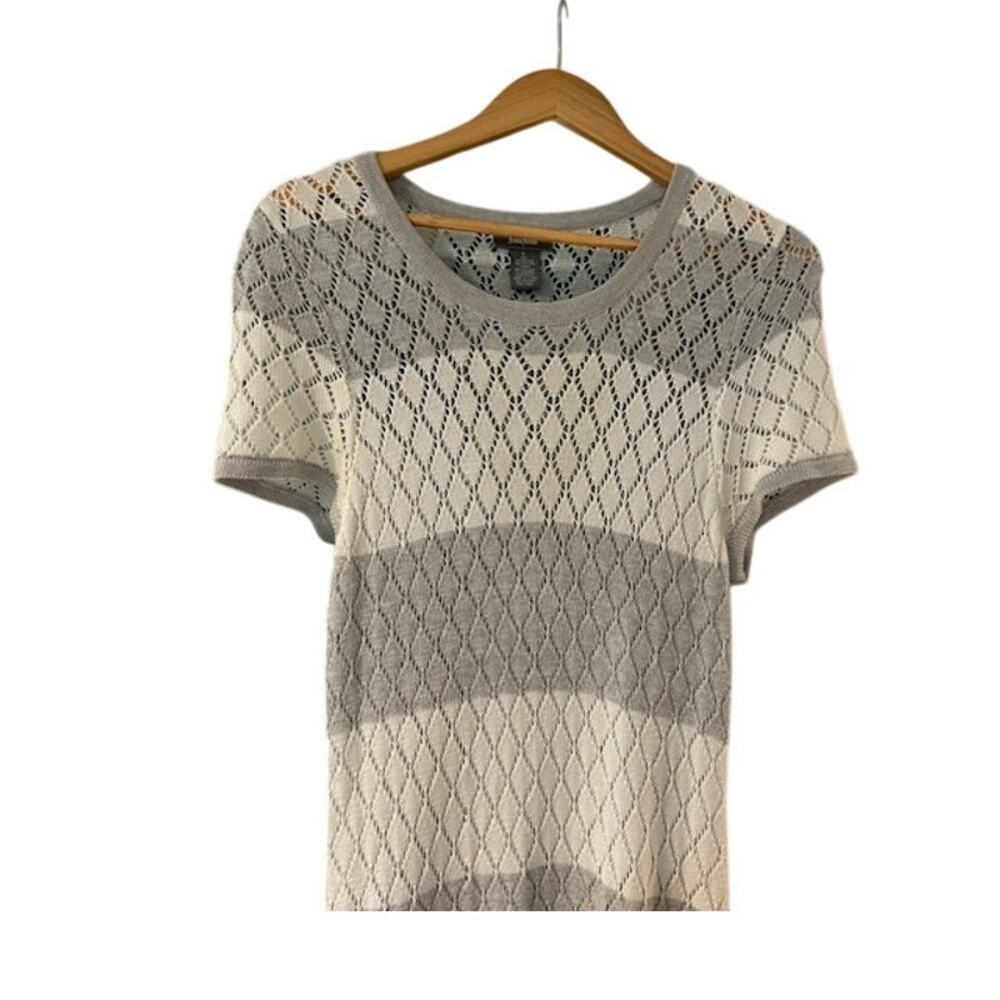 NEIMAN MARCUS Pointelle Open Knit Sweater Dress LARGE Diamond Gray White Stripe